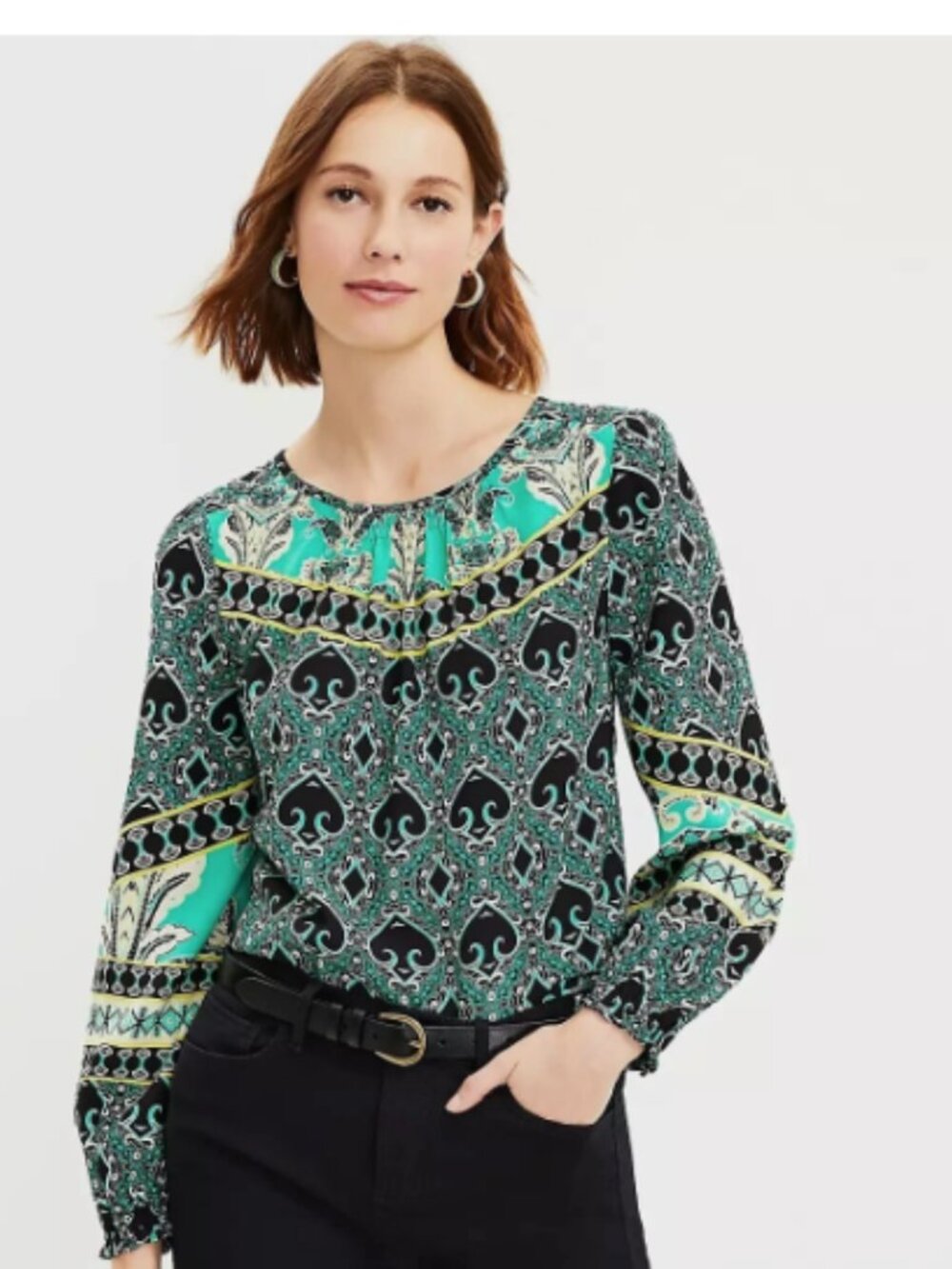 Loft Boho Festival Paisley Green Shirred Sleeve Blouse XXSP - New with Tags